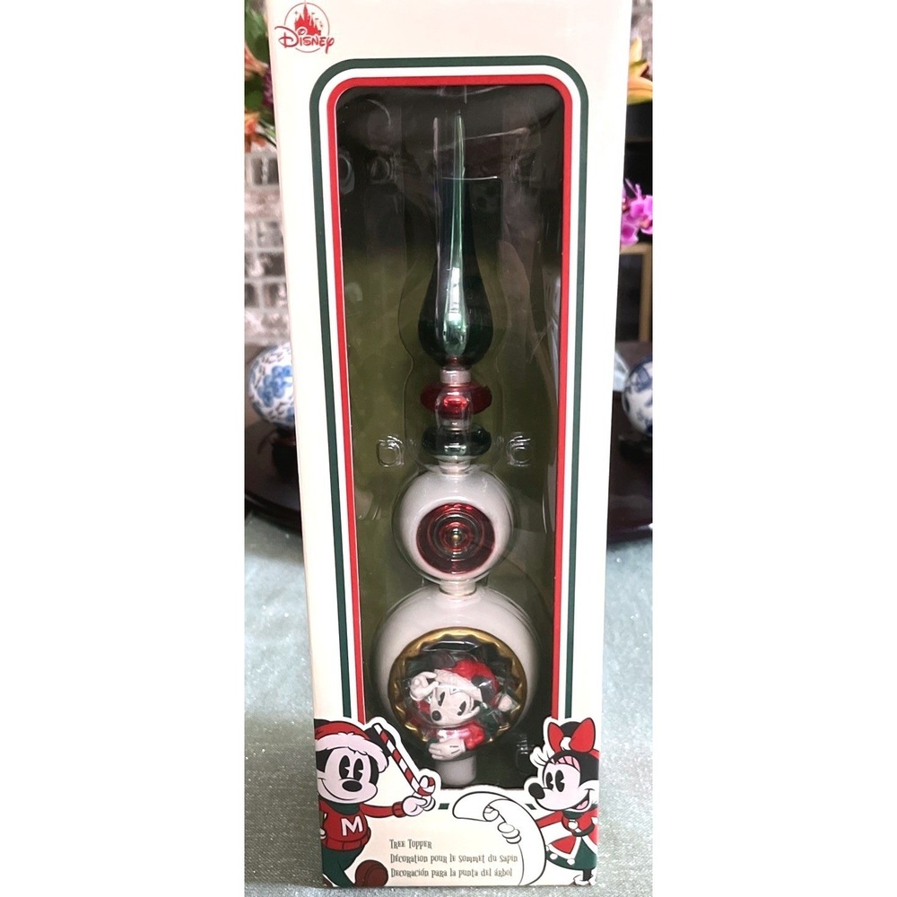 Disney Store Glass Mickey Mouse & Minnie Mouse Christmas Tree Topper Brand 12 In